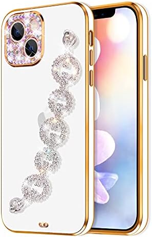 Bonitec iPhone 14 Pro Max Kılıf ile Uyumlu Beyaz Bilezik 3D Glitter Sparkle Bling Kayış Lüks Parlak Kristal Rhinestone Elmas Gümüş