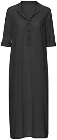 DealınM Bahar Elbiseler Kadınlar için Düğme Aşağı V Boyun Uzun Kollu Elbiseler Düz Renk Rahat Fit Tatil Giyim Maxi Elbise