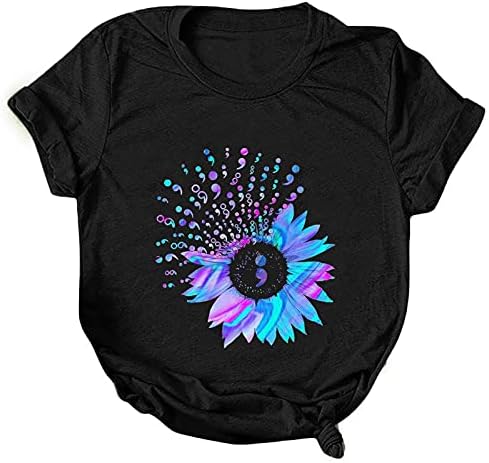 Bayan Yaz Üstleri Pamuk Karışımı Komik Renkli Ayçiçeği Müzik Grafik Kısa Kollu T Shirt Gevşek Kazak Tee