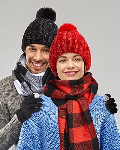JaGely 9 Pcs Kış Sıcak Bere Şapka Ekose Eşarp Eldiven Set Kış Noel Buffalo Ekose Eşarp Örme Bere Şapka Dokunmatik Çeşitli Renkler,