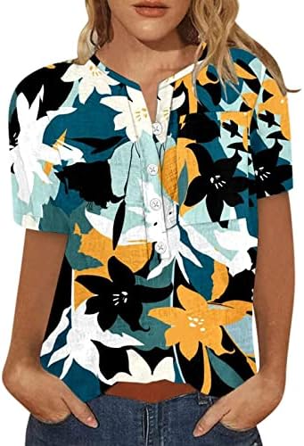 Salon Düğme Bluzlar Bayan Kısa Kollu Henley Çiçek Grafik İnce Tunik Bluzlar Kaşkorse Bayanlar SN