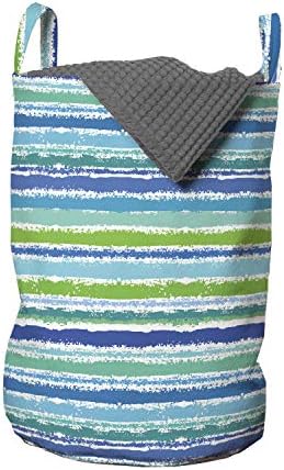 Ambesonne Vintage Çizgili Çamaşır Torbası, Yeşil ve Mavi Tonlarda Grunge Komik Yatay Çizgiler Desen, Kulplu Sepet Çamaşırhaneler için