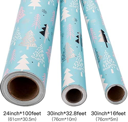 RUSPEPA Noel Ambalaj Kağıdı, Jumbo Rulo Ambalaj Kağıdı-Tatil Hediye Paketi için Mavi, Pembe ve Gümüş Noel Ağacı Tasarımı-24 inç x 100