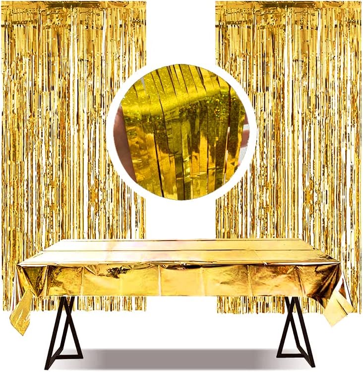 Altın Cicili bicili, Altın Folyo Perde Parti fotoğraf arka fonu + 1 paket Ücretsiz folyo Masa Örtüsü Doğum Günü, Mezuniyet,Yeni Yıl