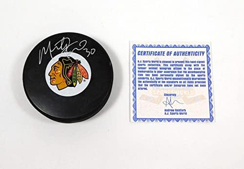 Marty Turco İmzalı NHL Hatıra Hokey Diski Blackhawks AJ Sports Otomatik İmzalı NHL Diskleri