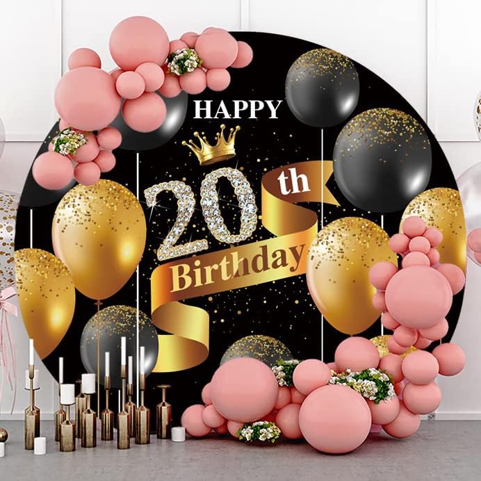 Yeele 6.5x6.5ft Siyah ve Altın Mutlu 20th Doğum Günü Yuvarlak Zemin Altın Glitter Balonlar Siyah Daire Doğum Günü Fotoğraf Arka Plan