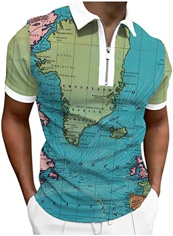 HDDK Fermuar Polo golf gömlekleri Mens için Yaz Kısa Kollu Dünya Haritası Baskı Komik Grafik Rahat Tenis Üst Gömlek İş için
