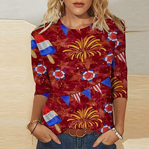Annhoo Genç Kızlar Çizgili Bluzlar ABD Bayrağı Yıldız Grafik Bluz Gömlek 3/4 Kollu Ekip Boyun Salonu Bluzlar 2023 RD