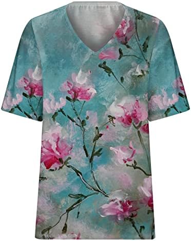 Kadın V Yaka Kısa Kollu Üstleri yazlık gömlek Tees Gömlek Renkli Çiçek Desen Baskı T Shirt Tişört Dökümlü Bluzlar
