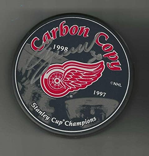Chris Osgood İmzaladı Detroit Red Wings 1997 ve 1998 Stanley Kupası Karbon Kopya Diski - İmzalı NHL Diskleri