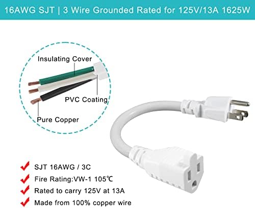 [6 Paket] Beyaz Kısa Güç Uzatma Kablosu-6 inç 3 Uçlu Mini Kapalı Topraklı Uzatma Kablosu,13AMP Ev Aletleri Uzatma Kablosu için Derecelendirilmiş,Çıkış
