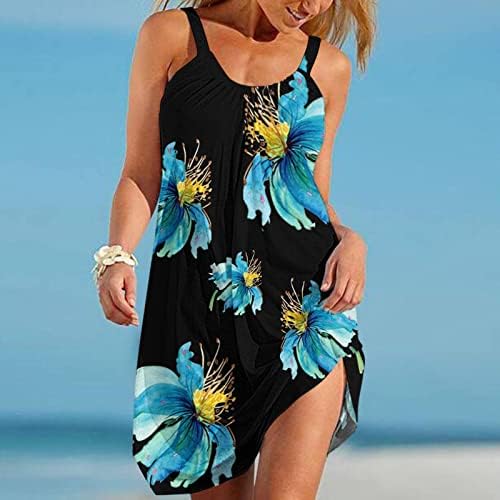 lczıwo kadın Seksi Plaj Elbiseleri Casual Çiçek Baskı Strappy Ekip Boyun Kolsuz Gevşek Flowy Hawaii Tank Elbise Sundress