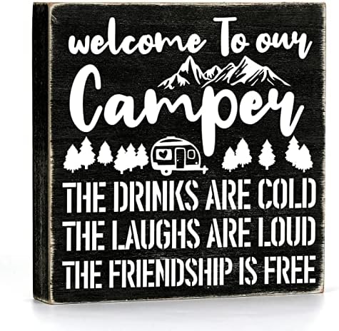 Komik Camper Ahşap kutu işareti Plak Bizim Camper hoş geldiniz İçecekler Soğuk Ahşap kutu işareti Rustik Sanat Ev Banyo Raf masa dekoru